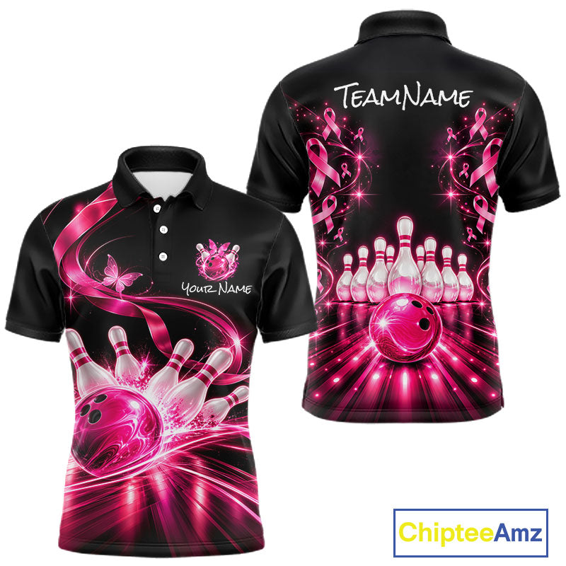 Custom Pink Butterflies Ribbon Bowling Shirt for Men Breast Cancer Bowling Jersey QZT1355