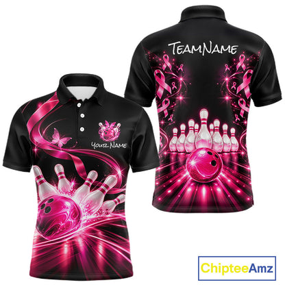 Custom Pink Butterflies Ribbon Bowling Shirt for Men Breast Cancer Bowling Jersey QZT1355