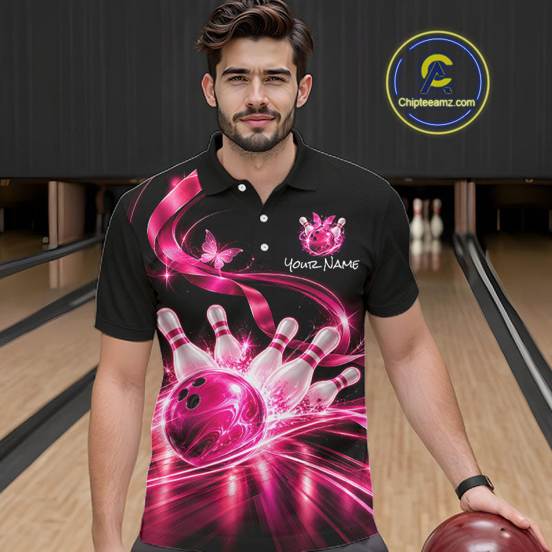 Custom Pink Butterflies Ribbon Bowling Shirt for Men Breast Cancer Bowling Jersey QZT1355