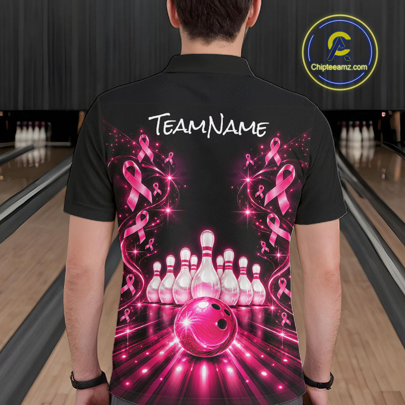 Custom Pink Butterflies Ribbon Bowling Shirt for Men Breast Cancer Bowling Jersey QZT1355