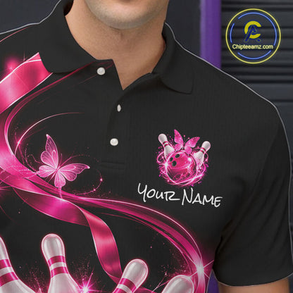 Custom Pink Butterflies Ribbon Bowling Shirt for Men Breast Cancer Bowling Jersey QZT1355