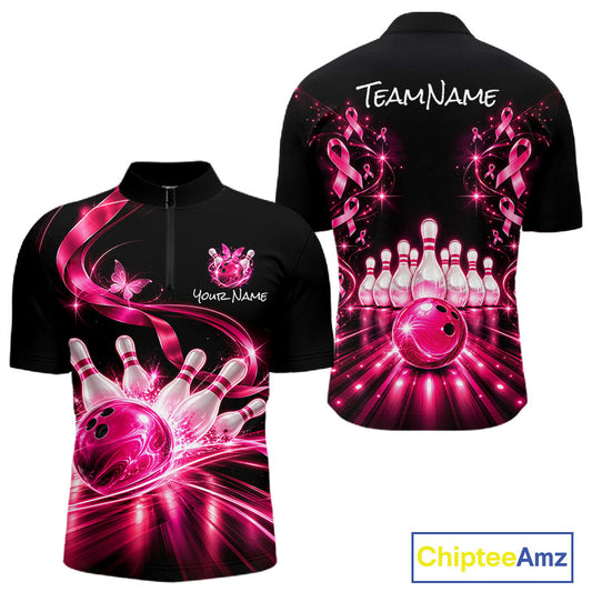 Custom Pink Butterflies Ribbon Bowling Shirt for Men Breast Cancer Bowling Jersey QZT1355
