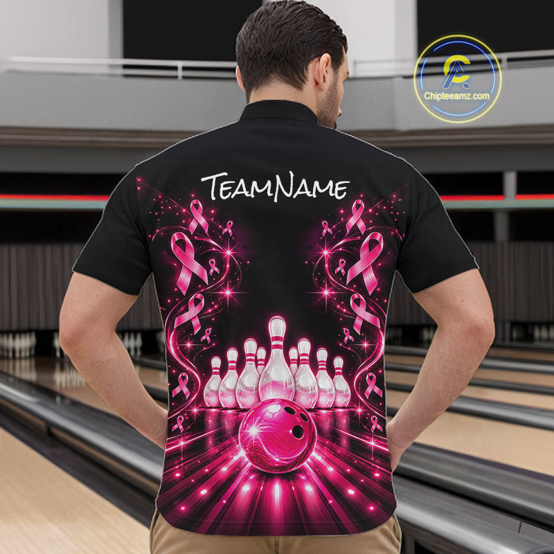 Custom Pink Butterflies Ribbon Bowling Shirt for Men Breast Cancer Bowling Jersey QZT1355
