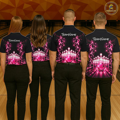 Custom Pink Butterflies Ribbon Bowling Shirt for Men Breast Cancer Bowling Jersey QZT1355