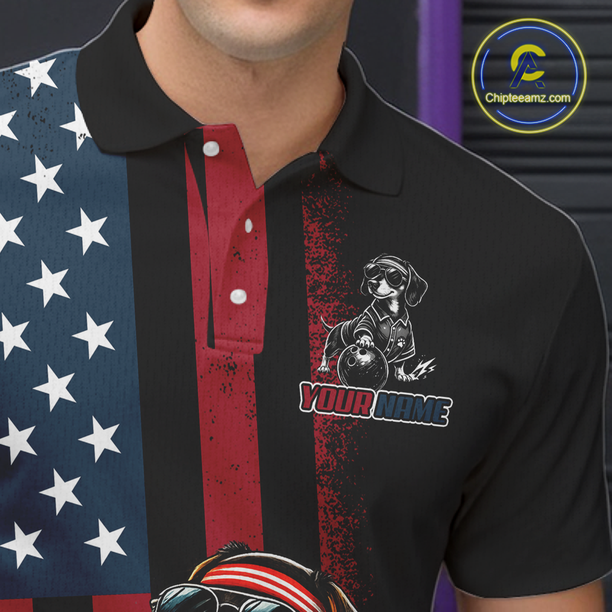 Black polo shirt with American flag design and dog graphic, featuring 'Chipleemaz.com' logo.