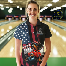 Load image into Gallery viewer, Woman wearing a colorful bowling-themed shirt in a bowling alley.