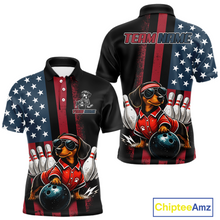Load image into Gallery viewer, Polo shirt with dachshund bowling design on American flag background, featuring 'Chiptee Amz' brand.