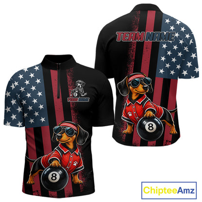 Front and back views of a black short-sleeve quarter-zip shirt with a patriotic American flag design, featuring a cartoon dachshund wearing a red racing jersey and sunglasses while holding an 8-ball. The back has a placeholder text 'TEAM NAME' at the collar.
