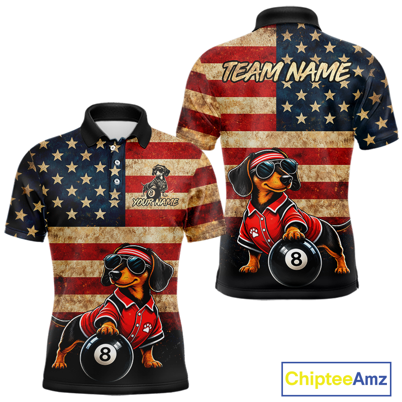 Front and back views of a short-sleeve polo shirt featuring a distressed American flag background with a cartoon dachshund wearing a red racing jersey and sunglasses, holding an 8-ball. The shirt includes customizable text areas reading 'TEAM NAME' on the back and 'YOUR NAME' on the front, shown on a white background with a ChipteeAmz logo in the corner.