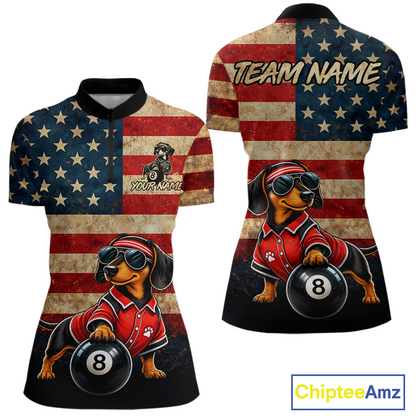 Custom Retro American Flag Dachshund Billiard Team Shirt for Women 8 Ball Pool Jersey Polo & 1/4-Zip Outfit BHT81