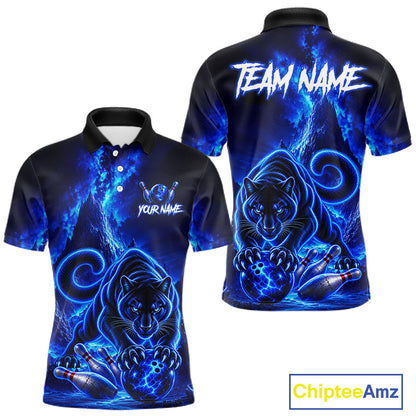 Custom Neon Blue Panther Bowling Shirt for Men Cool Bowling Jersey Bowling Outfit QZT1358