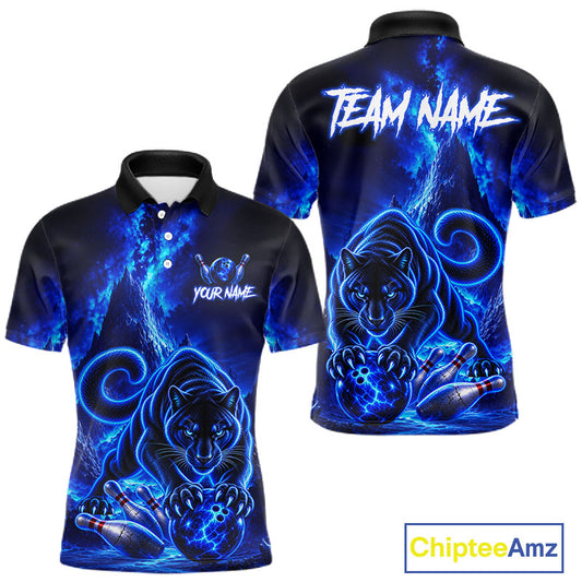 Custom Neon Blue Panther Bowling Shirt for Men Cool Bowling Jersey Bowling Outfit QZT1358