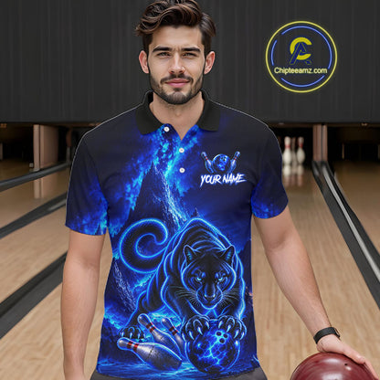 Custom Neon Blue Panther Bowling Shirt for Men Cool Bowling Jersey Bowling Outfit QZT1358