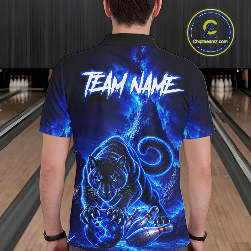 Custom Neon Blue Panther Bowling Shirt for Men Cool Bowling Jersey Bowling Outfit QZT1358