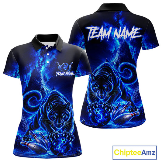 Custom Neon Blue Panther Bowling Shirt for Women Cool Bowling Jersey Bowling Outfit QZT1358