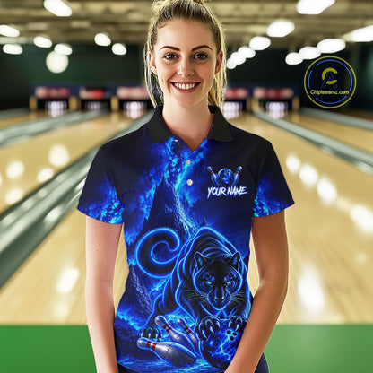 Custom Neon Blue Panther Bowling Shirt for Women Cool Bowling Jersey Bowling Outfit QZT1358