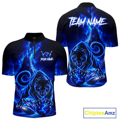 Custom Neon Blue Panther Bowling Shirt for Men Cool Bowling Jersey Bowling Outfit QZT1358