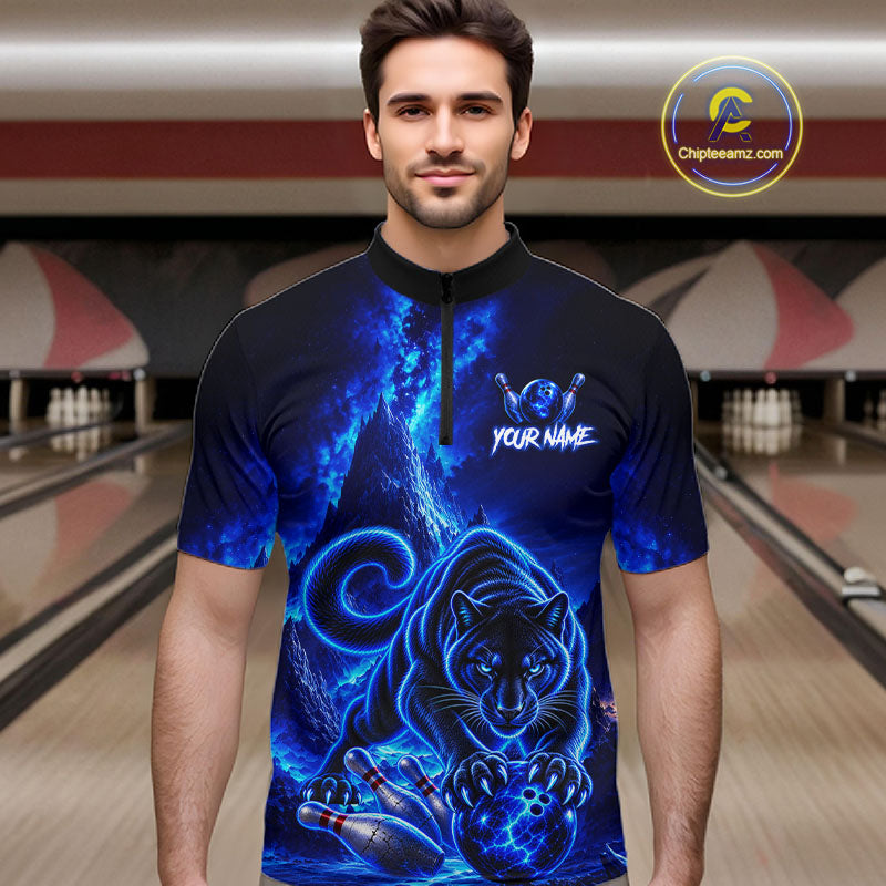Custom Neon Blue Panther Bowling Shirt for Men Cool Bowling Jersey Bowling Outfit QZT1358