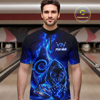 Custom Neon Blue Panther Bowling Shirt for Men Cool Bowling Jersey Bowling Outfit QZT1358