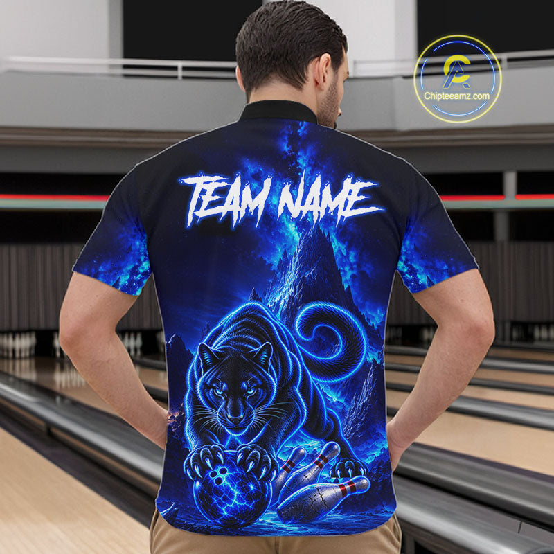 Custom Neon Blue Panther Bowling Shirt for Men Cool Bowling Jersey Bowling Outfit QZT1358