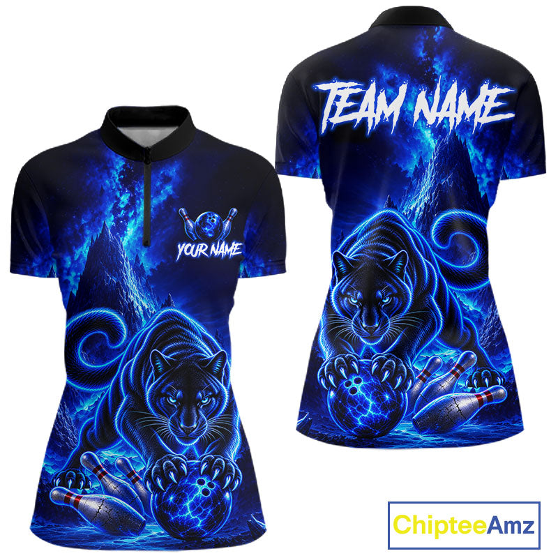 Custom Neon Blue Panther Bowling Shirt for Women Cool Bowling Jersey Bowling Outfit QZT1358