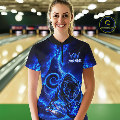 Custom Neon Blue Panther Bowling Shirt for Women Cool Bowling Jersey Bowling Outfit QZT1358