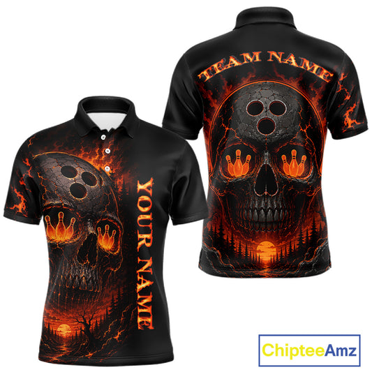 Black polo shirt with fiery skull design on front and back, customizable text.