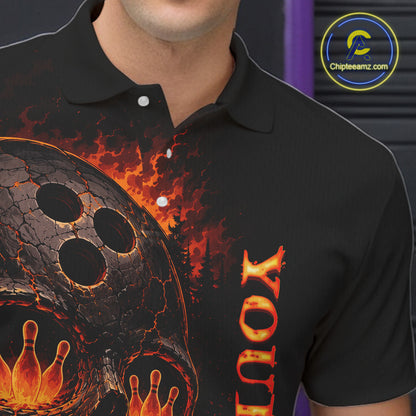 Black polo shirt with fiery bowling design and 'YOLI' text, brand logo visible.