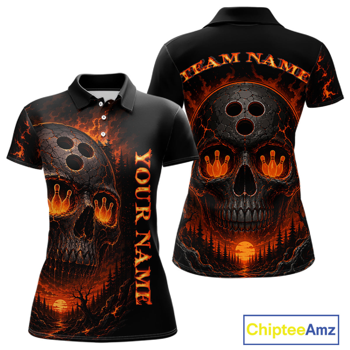 Black polo shirt with fiery skull design on front and back, customizable text.