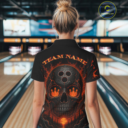 Person wearing a black bowling shirt with a skull design and 'Team Name' text in a bowling alley.