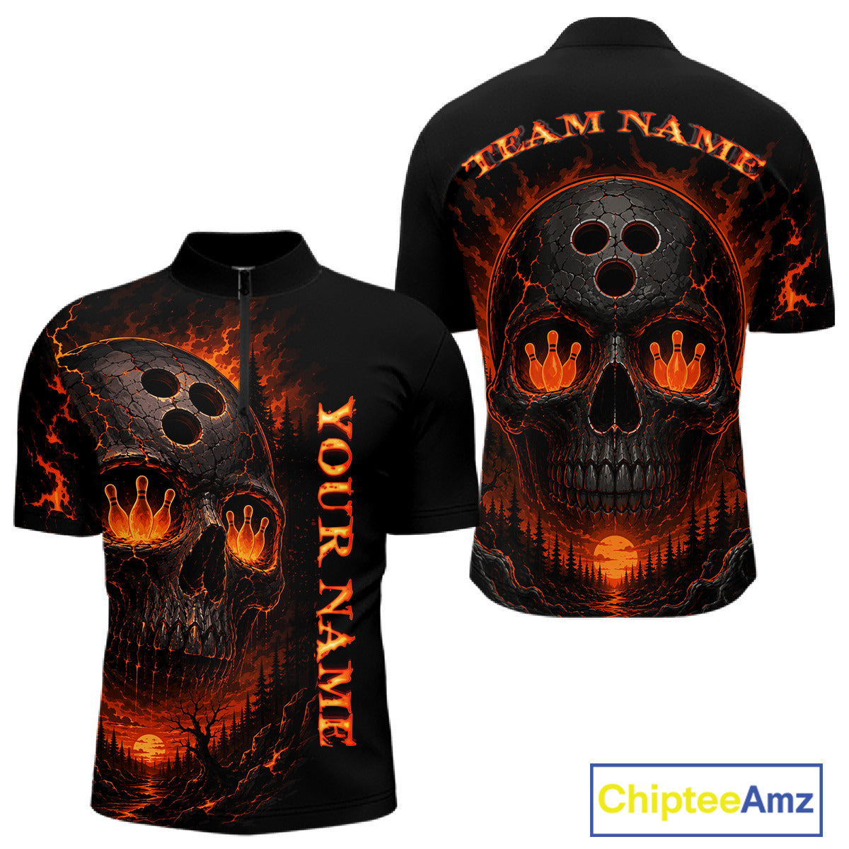 Black shirt with fiery skull design and customizable text on a white background