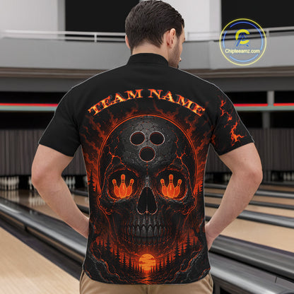 Person wearing a black t-shirt with a fiery skull design and 'Team Name' text at a bowling alley.