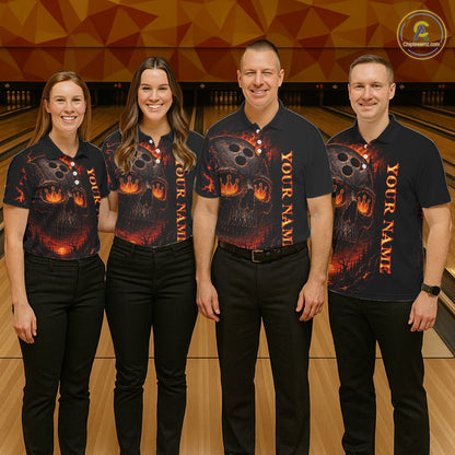 Four people wearing matching bowling shirts with a skull design on a bowling alley.