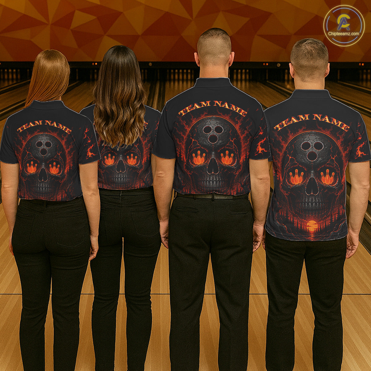 Four people wearing shirts with a skull design and 'Team Name' text on a bowling alley background.