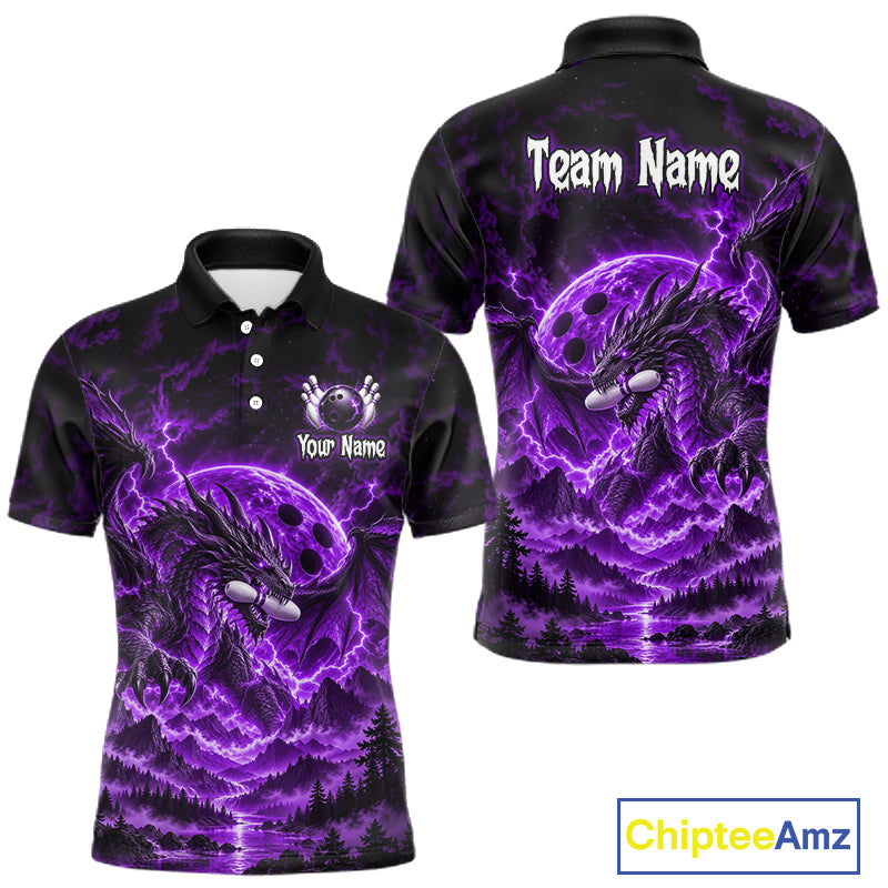 Custom Thunder Lightning Dragon Bowling Shirt for Men Purple Bowling Jersey Polo & Quarter-Zip QZT1362