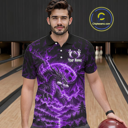 Custom Thunder Lightning Dragon Bowling Shirt for Men Purple Bowling Jersey Polo & Quarter-Zip QZT1362