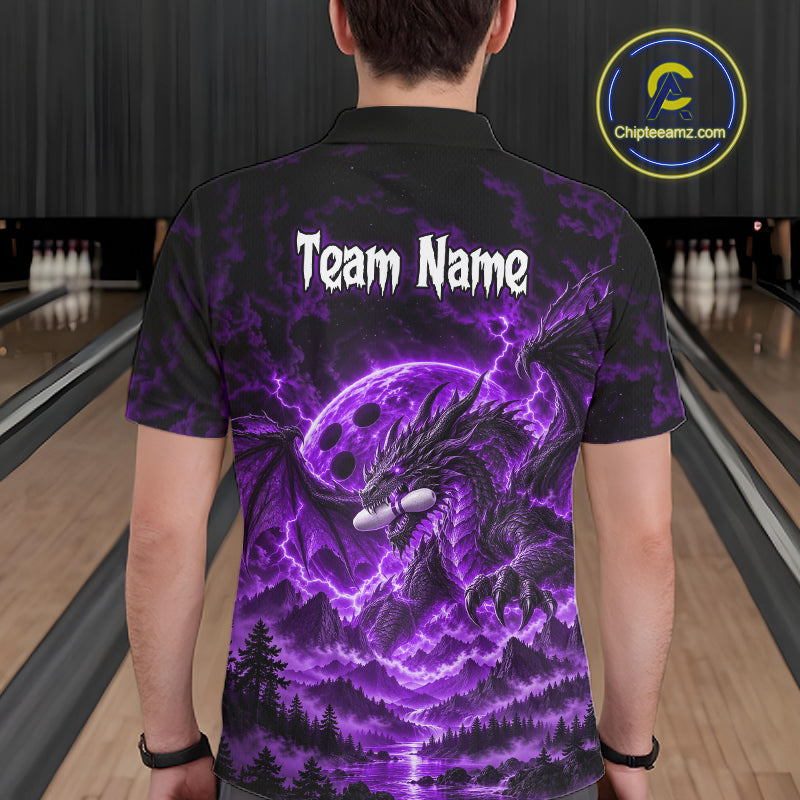 Custom Thunder Lightning Dragon Bowling Shirt for Men Purple Bowling Jersey Polo & Quarter-Zip QZT1362
