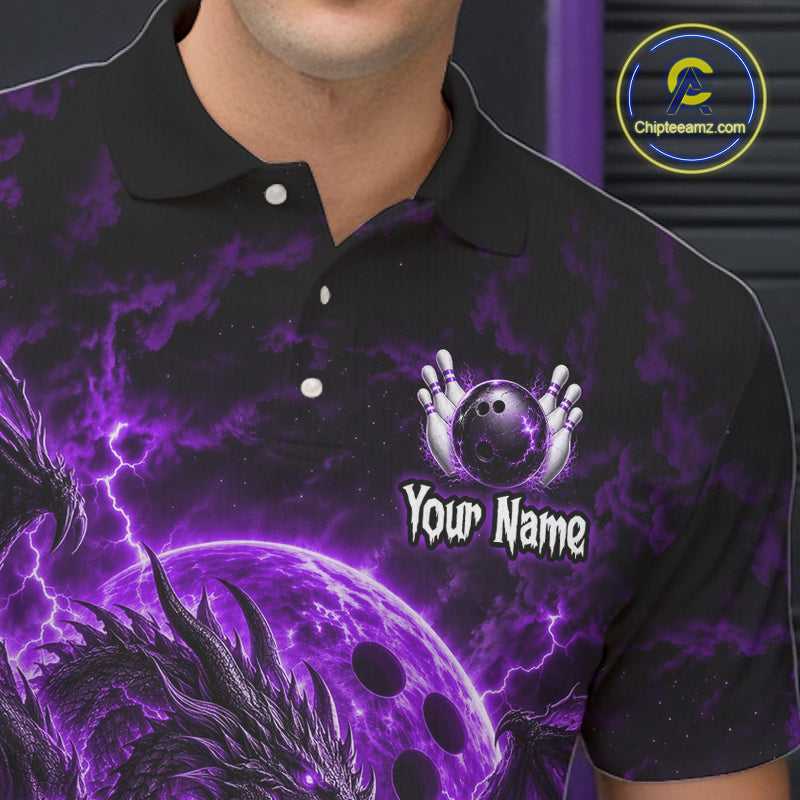 Custom Thunder Lightning Dragon Bowling Shirt for Men Purple Bowling Jersey Polo & Quarter-Zip QZT1362