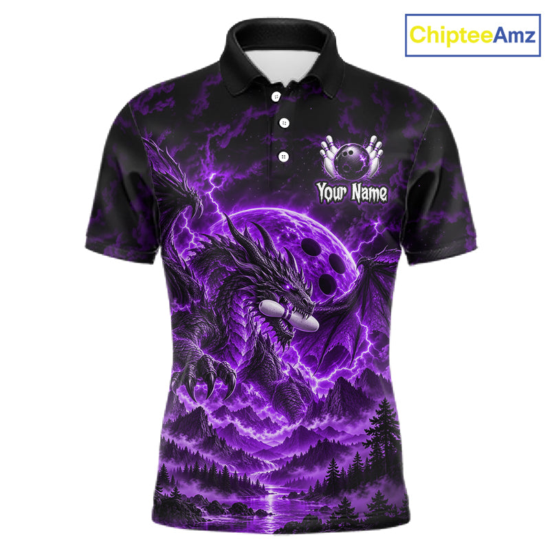 Custom Thunder Lightning Dragon Bowling Shirt for Men Purple Bowling Jersey Polo & Quarter-Zip QZT1362