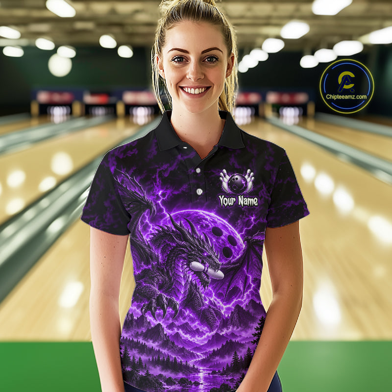 Custom Thunder Lightning Dragon Bowling Shirt for Women Purple Bowling Jersey Polo & Quarter-Zip QZT1362