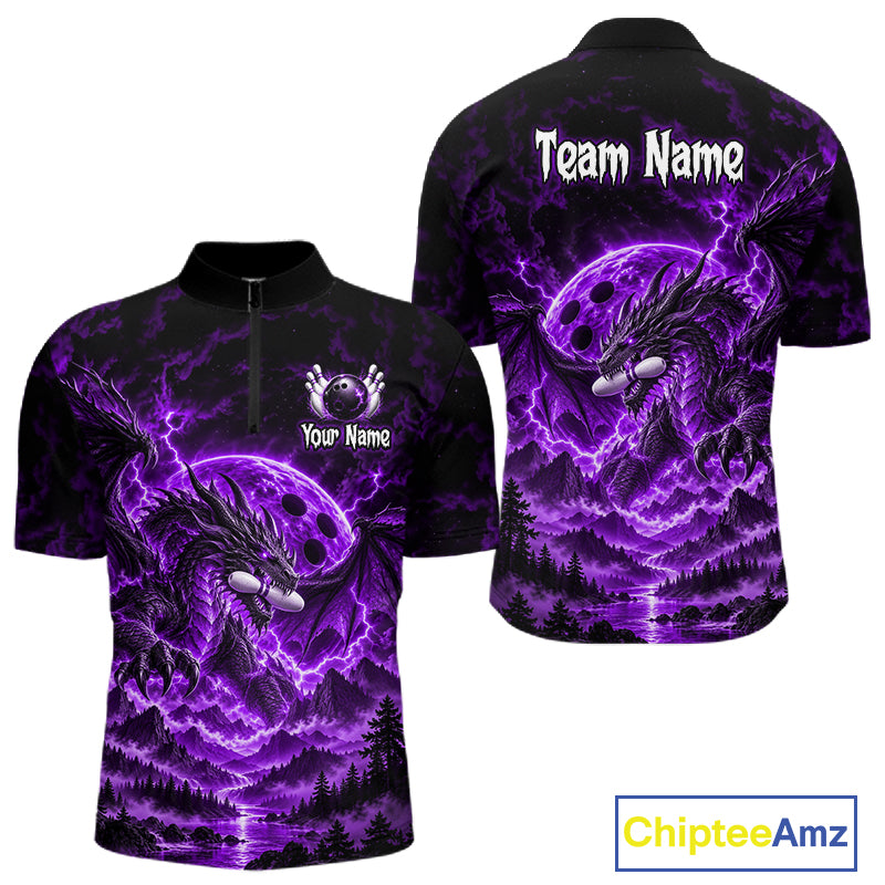 Custom Thunder Lightning Dragon Bowling Shirt for Men Purple Bowling Jersey Polo & Quarter-Zip QZT1362