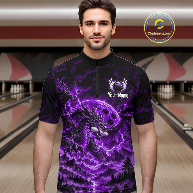 Custom Thunder Lightning Dragon Bowling Shirt for Men Purple Bowling Jersey Polo & Quarter-Zip QZT1362