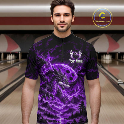 Custom Thunder Lightning Dragon Bowling Shirt for Men Purple Bowling Jersey Polo & Quarter-Zip QZT1362