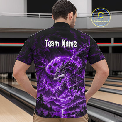 Custom Thunder Lightning Dragon Bowling Shirt for Men Purple Bowling Jersey Polo & Quarter-Zip QZT1362