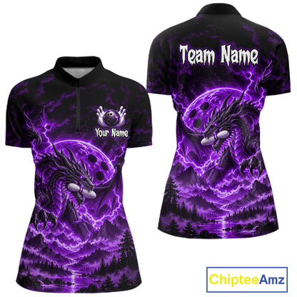 Custom Thunder Lightning Dragon Bowling Shirt for Women Purple Bowling Jersey Polo & Quarter-Zip QZT1362
