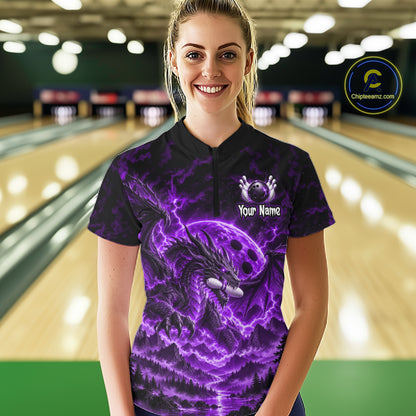 Custom Thunder Lightning Dragon Bowling Shirt for Women Purple Bowling Jersey Polo & Quarter-Zip QZT1362