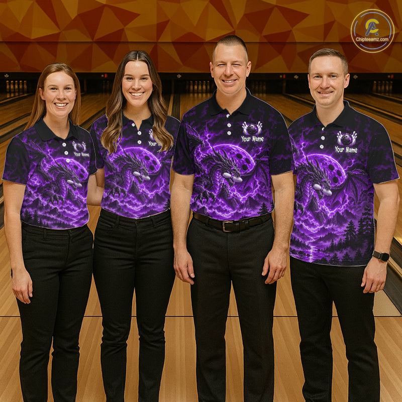 Custom Thunder Lightning Dragon Bowling Shirt for Men Purple Bowling Jersey Polo & Quarter-Zip QZT1362