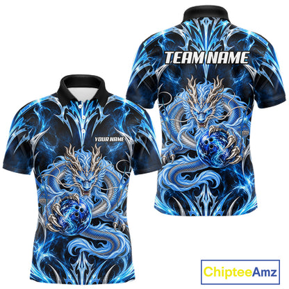 Custom Thunder Dragon Bowling Shirt Blue Tribal Bowling Jersey Polo & Quarter-Zip QZT1364