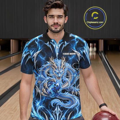 Custom Thunder Dragon Bowling Shirt Blue Tribal Bowling Jersey Polo & Quarter-Zip QZT1364