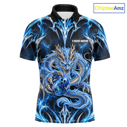 Custom Thunder Dragon Bowling Shirt Blue Tribal Bowling Jersey Polo & Quarter-Zip QZT1364
